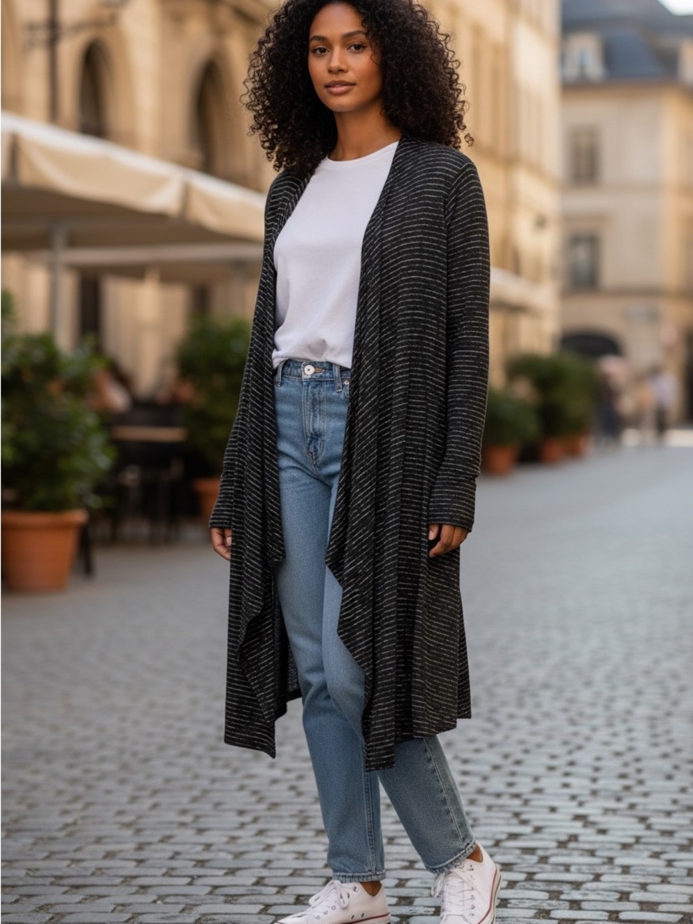 Knox Rose Charcoal Striped Open-Front Duster Cardigan